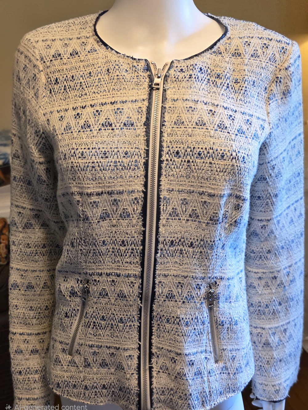 Textured Zip Front Knit Jacket in Cream and Navy